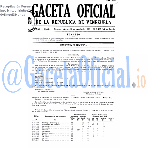 Gaceta Oficial 3605 del 16 Agosto 1985