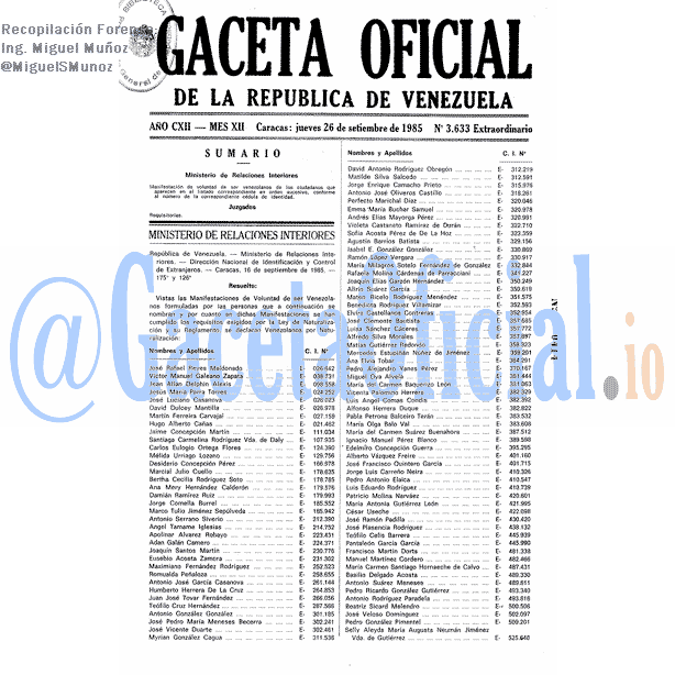Gaceta Oficial 3633 del 26 Septiembre 1985