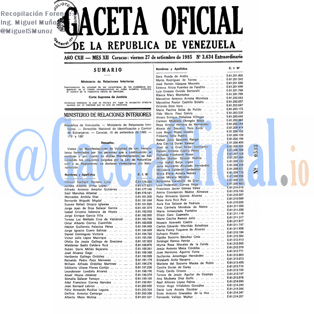 Gaceta Oficial 3634 del 27 Septiembre 1985