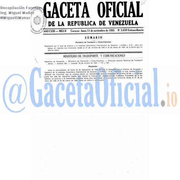 Gaceta Oficial 3650 del 11 Noviembre 1985