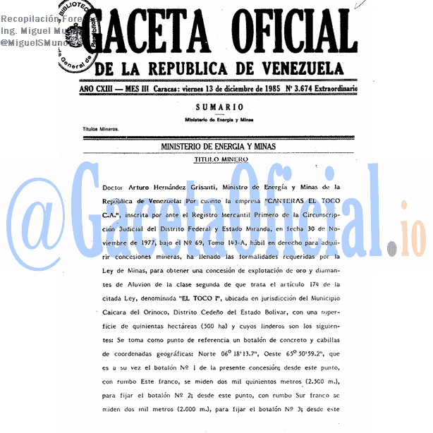 Gaceta Oficial 3674 del 13 Diciembre 1985