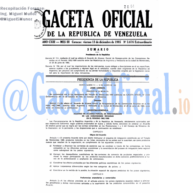Gaceta Oficial 3676 del 13 Diciembre 1985