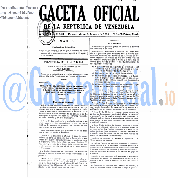 Gaceta Oficial 3680 del 3 Enero 1986