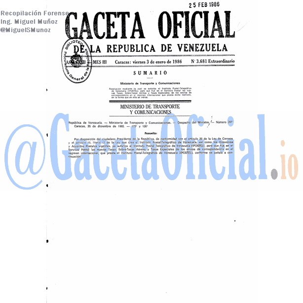 Gaceta Oficial 3681 del 3 Enero 1986