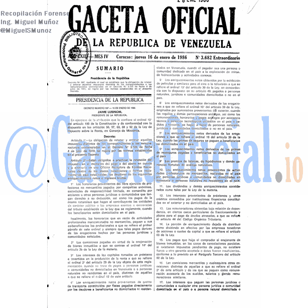 Gaceta Oficial 3682 del 16 Enero 1986
