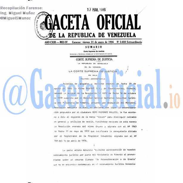 Gaceta Oficial 3688 del 31 Enero 1986