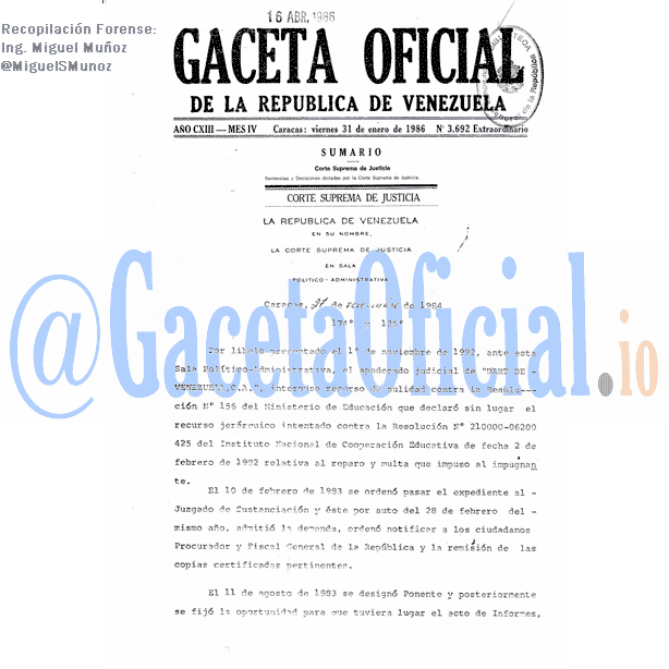 Gaceta Oficial 3692 del 31 Enero 1986