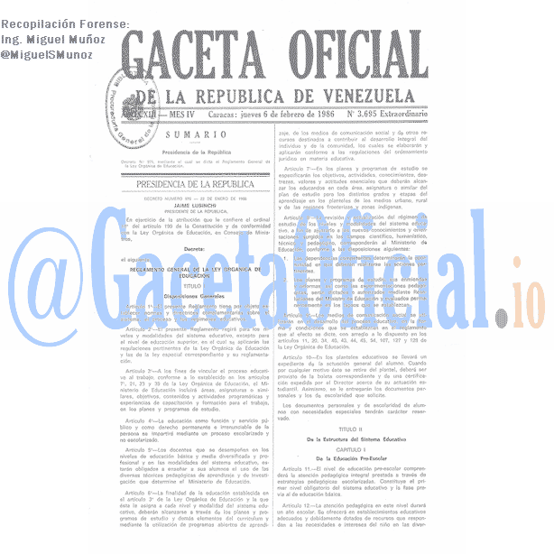 Gaceta Oficial 3695 del 6 Febrero 1986