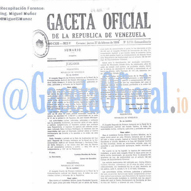 Gaceta Oficial 3711 del 27 Febrero 1986