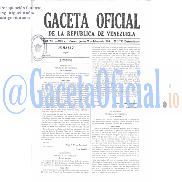 Gaceta Oficial 3712 del 27 Febrero 1986