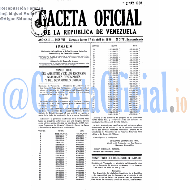 Gaceta Oficial 3761 del 17 Abril 1986