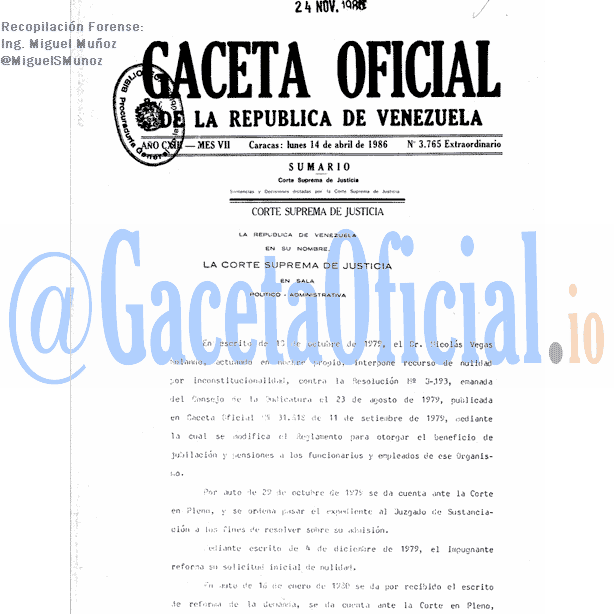 Gaceta Oficial 3765 del 14 Abril 1986