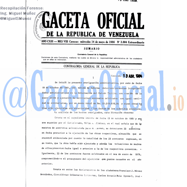 Gaceta Oficial 3804 del 14 Mayo 1986