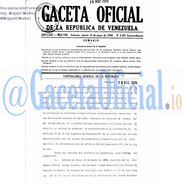Gaceta Oficial 3807 del 15 Mayo 1986