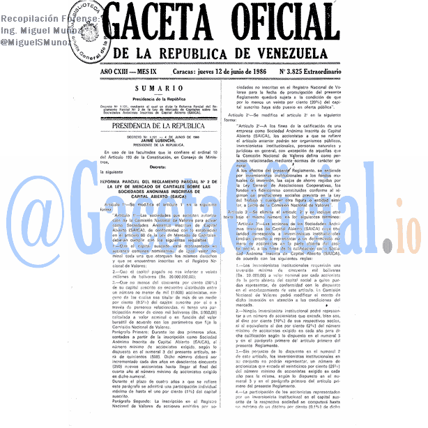 Gaceta Oficial 3825 del 12 Junio 1986