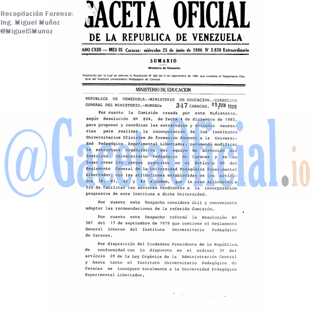 Gaceta Oficial 3830 del 25 Junio 1986