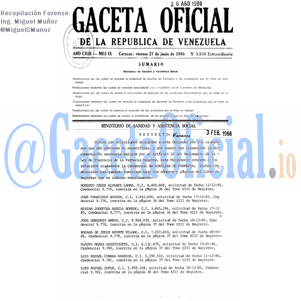 Gaceta Oficial 3834 del 27 Junio 1986
