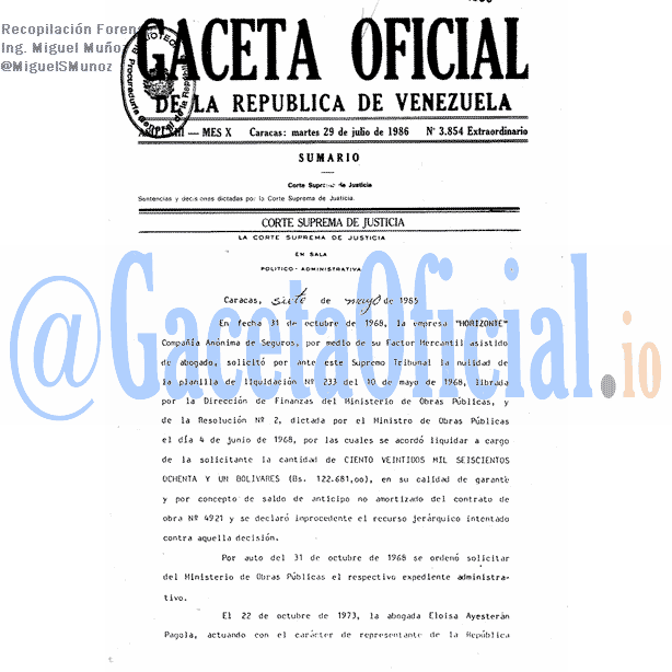 Gaceta Oficial 3854 del 29 Julio 1986