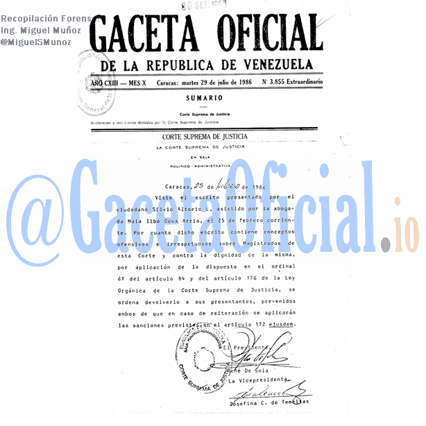 Gaceta Oficial 3855 del 29 Julio 1986