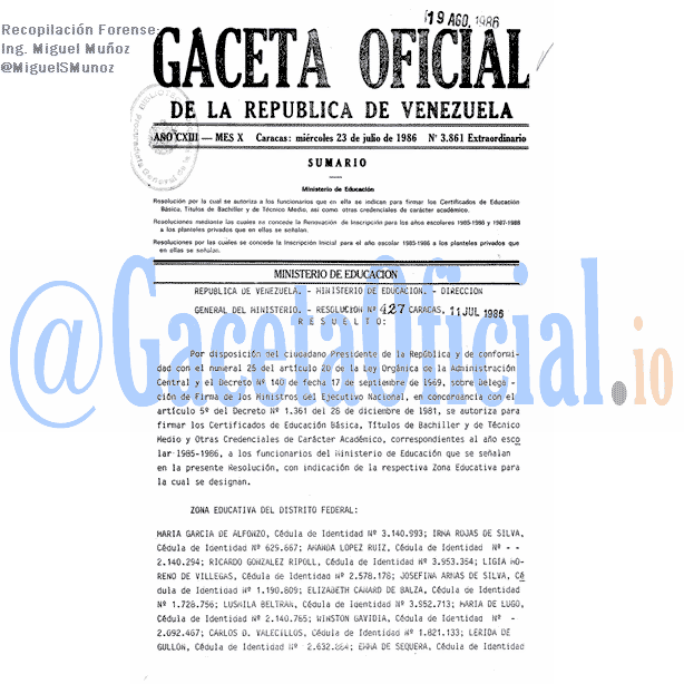 Gaceta Oficial 3861 del 23 Julio 1986