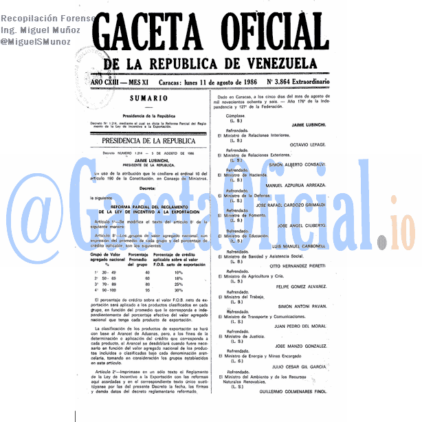 Gaceta Oficial 3864 del 11 Agosto 1986