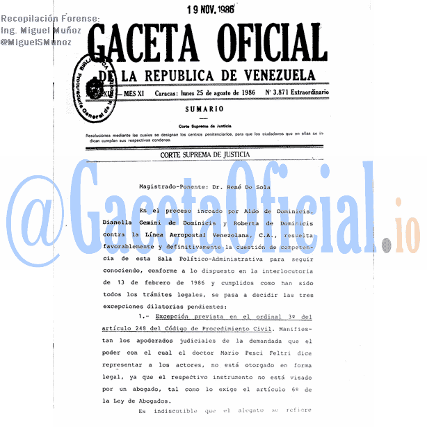 Gaceta Oficial 3871 del 25 Agosto 1986