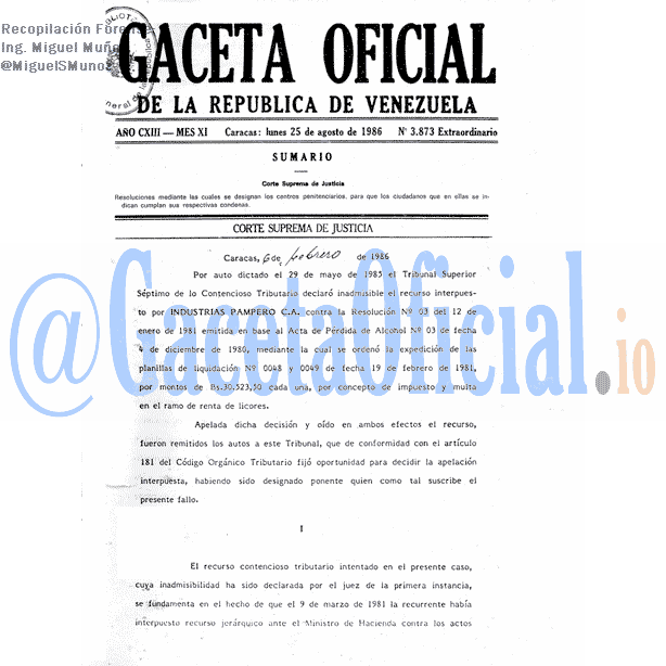 Gaceta Oficial 3873 del 25 Agosto 1986