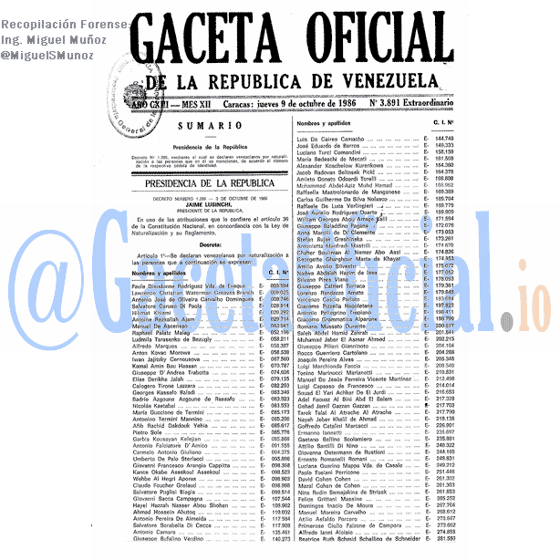 Gaceta Oficial 3891 del 9 Octubre 1986