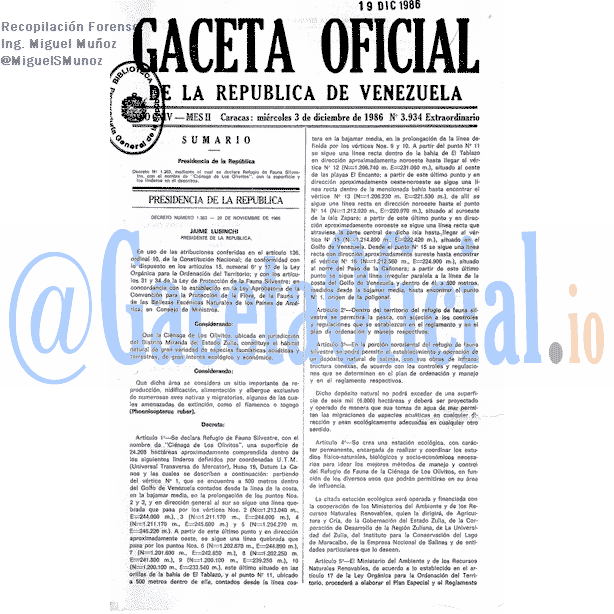 Gaceta Oficial 3934 del 3 Diciembre 1986