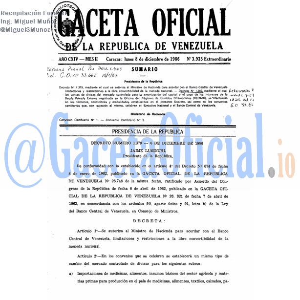 Gaceta Oficial 3935 del 8 Diciembre 1986