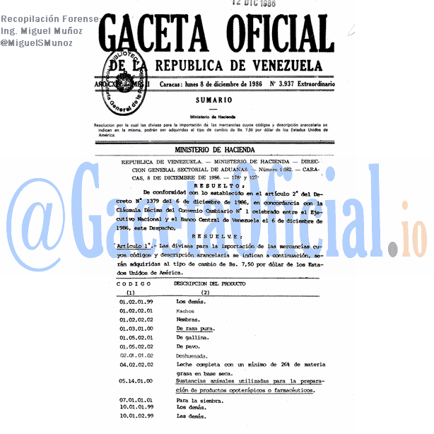 Gaceta Oficial 3937 del 8 Diciembre 1986