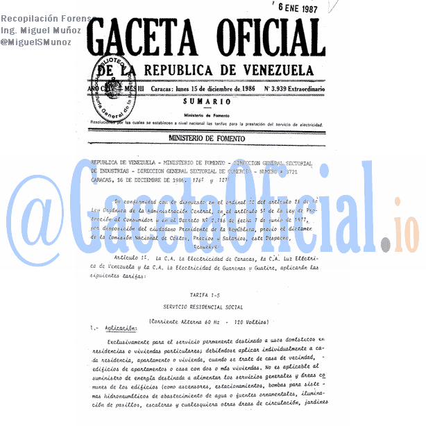 Gaceta Oficial 3939 del 15 Diciembre 1986
