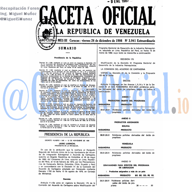 Gaceta Oficial 3941 del 26 Diciembre 1986