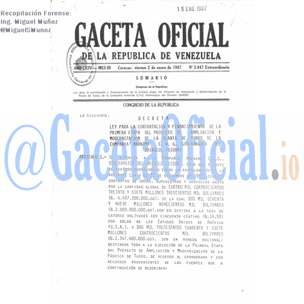 Gaceta Oficial 3947 del 2 Enero 1987