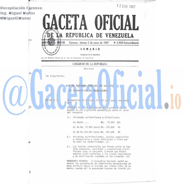 Gaceta Oficial 3950 del 2 Enero 1987