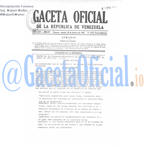 Gaceta Oficial 3957 del 10 Febrero 1987