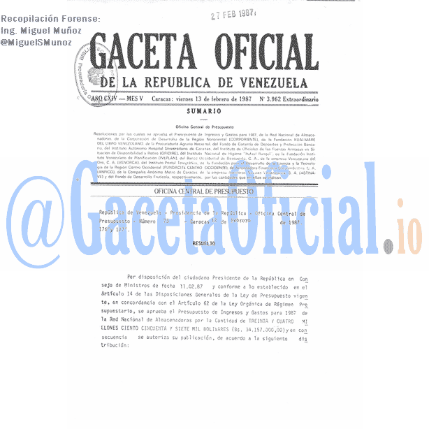 Gaceta Oficial 3962 del 13 Febrero 1987