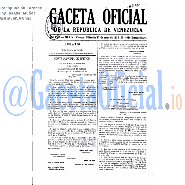 Gaceta Oficial 4016 del 27 Enero 1988