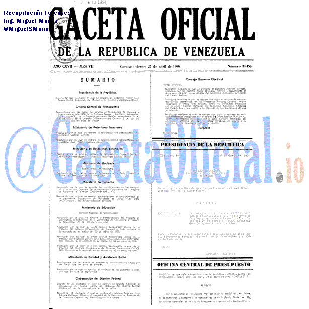 Gaceta Oficial 34456 del 27 Abril 1990