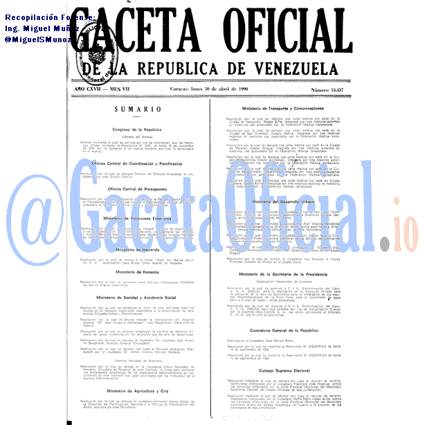 Gaceta Oficial 34457 del 30 Abril 1990