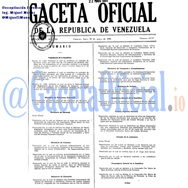 Gaceta Oficial 34717 del 20 Mayo 1991