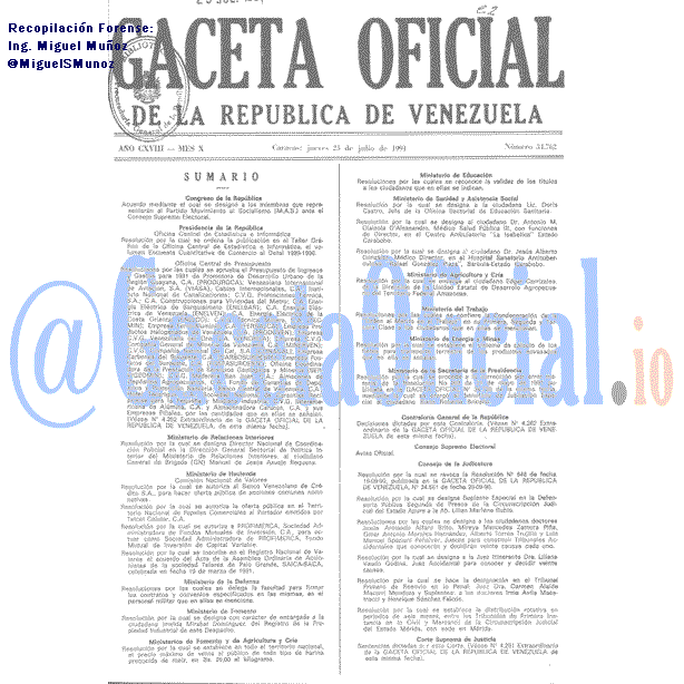 Gaceta Oficial 34762 del 25 Julio 1991