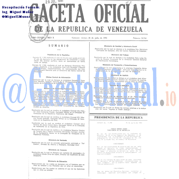 Gaceta Oficial 34763 del 26 Julio 1991