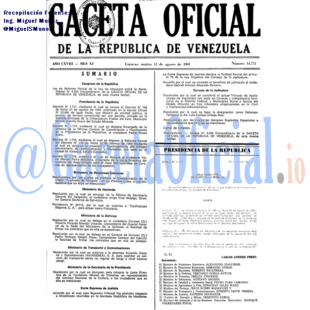 Gaceta Oficial 34775 del 13 Agosto 1991
