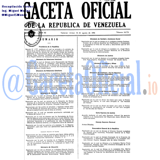 Gaceta Oficial 34778 del 16 Agosto 1991