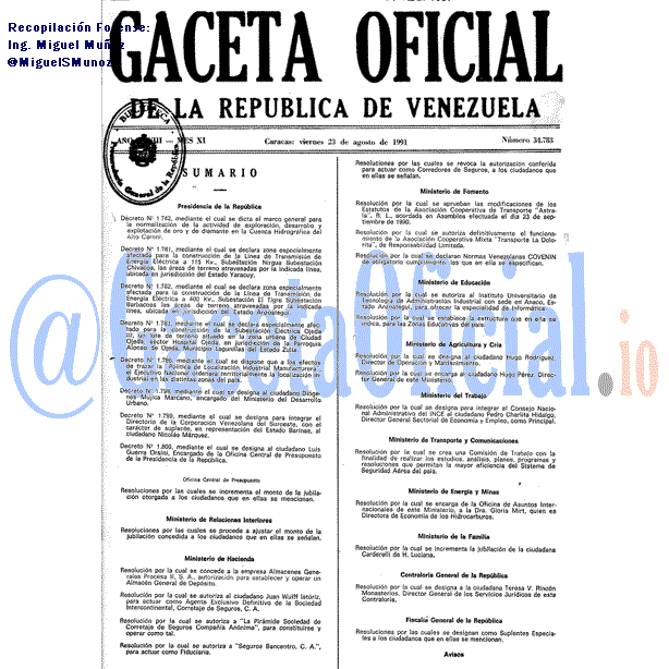 Gaceta Oficial 34783 del 23 Agosto 1991