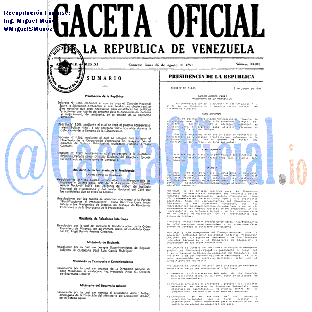 Gaceta Oficial 34784 del 26 Agosto 1991