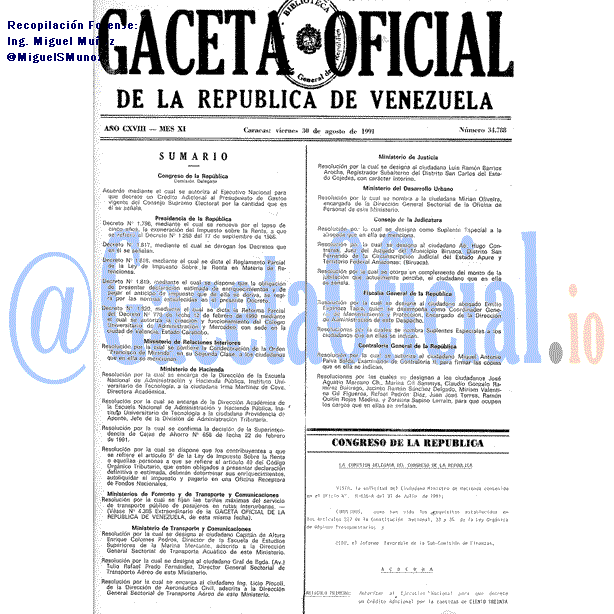 Gaceta Oficial 34788 del 30 Agosto 1991