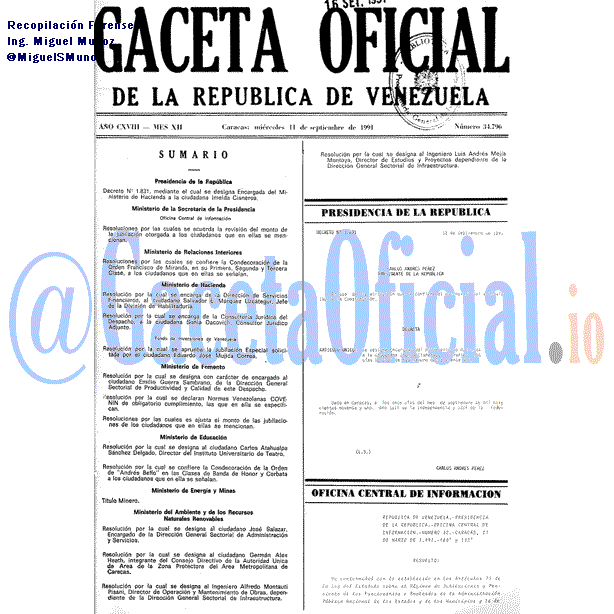 Gaceta Oficial 34796 del 11 Septiembre 1991