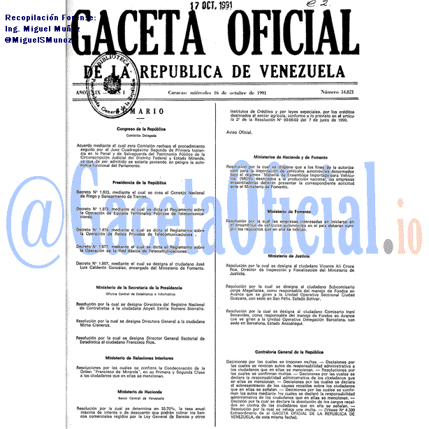 Gaceta Oficial 34821 del 16 Octubre 1991